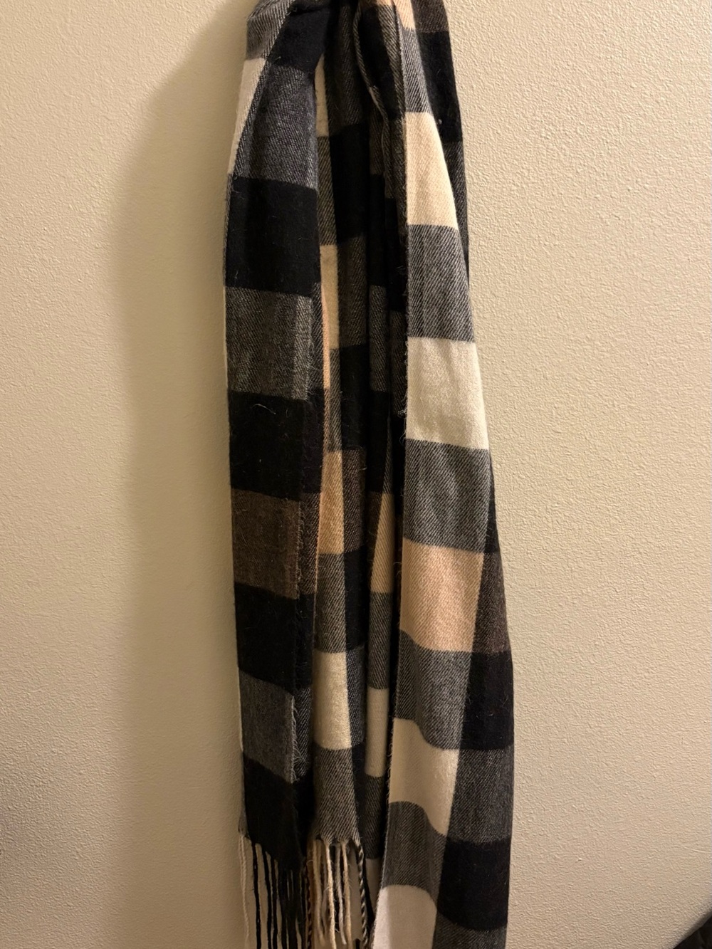 Sonoma Plaid Fringe Scarf in Black, Gray & Cream